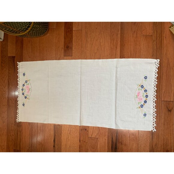 Handmade Embroidered Floral Table Runner with Crocheted Edges - 34" x 16" - Picture 5 of 7